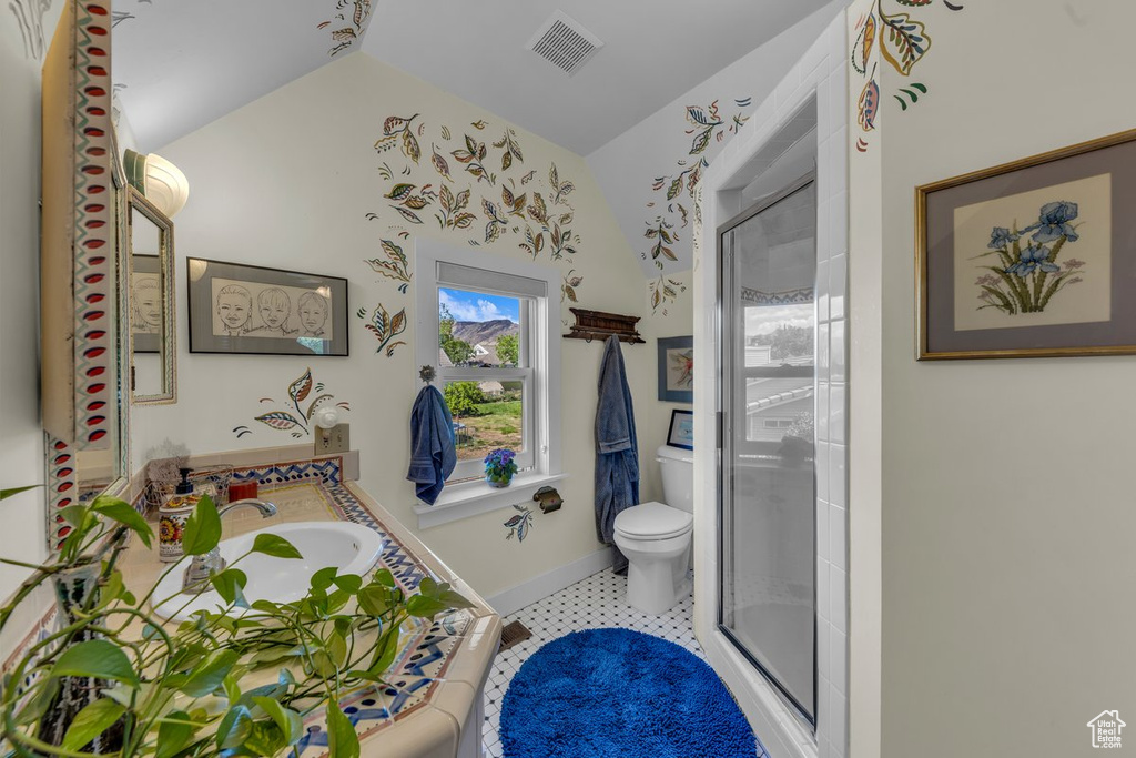 Bathroom featuring lofted ceiling, toilet, a shower stall, vanity, and baseboards