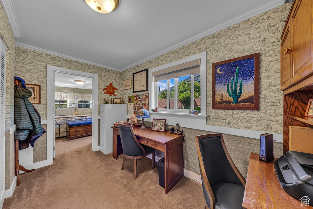 Office space with wallpapered walls, healthy amount of natural light, ornamental molding, and light colored carpet