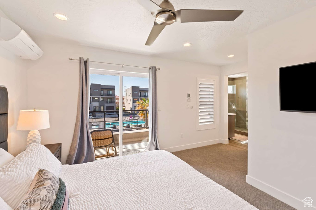 Carpeted bedroom featuring an AC wall unit, access to outside, baseboards, ceiling fan, and recessed lighting