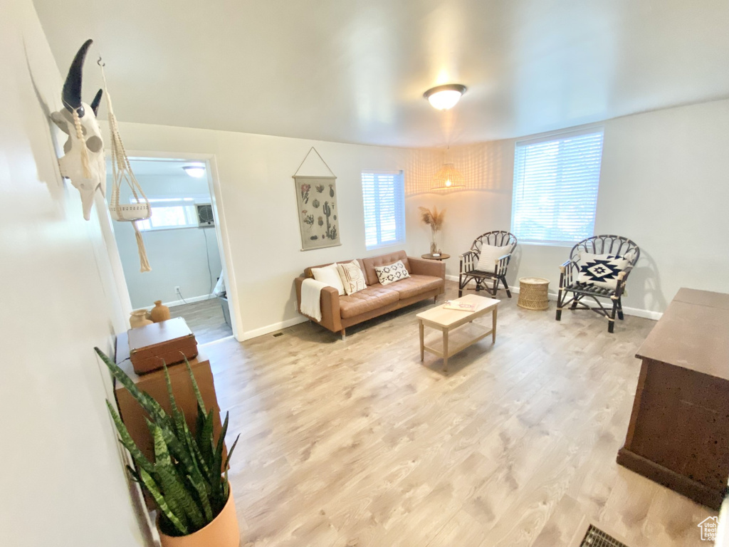 Living room with light wood-style floors, baseboards, and plenty of natural light