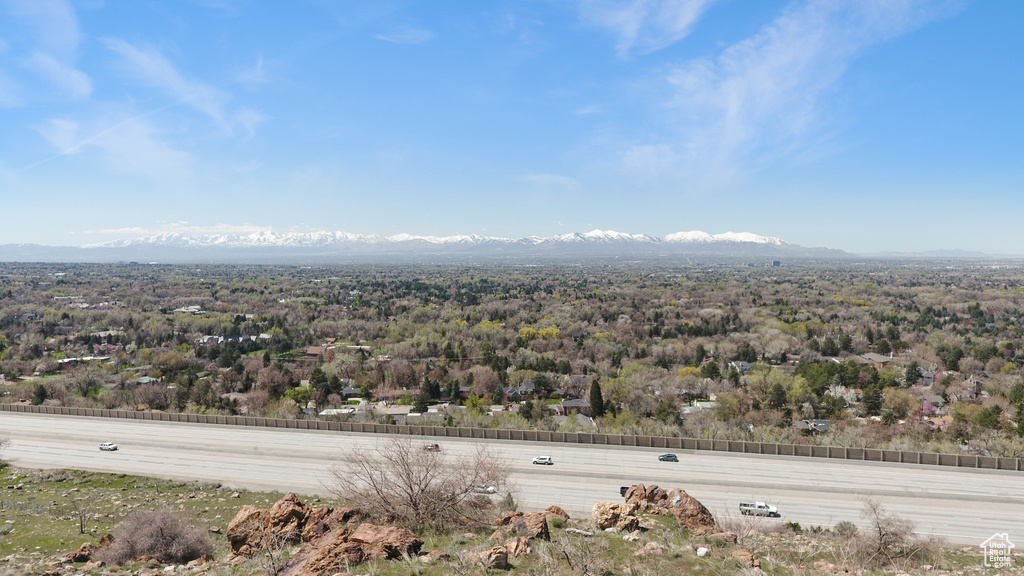 Drone / aerial view of a heavily wooded area and mountains