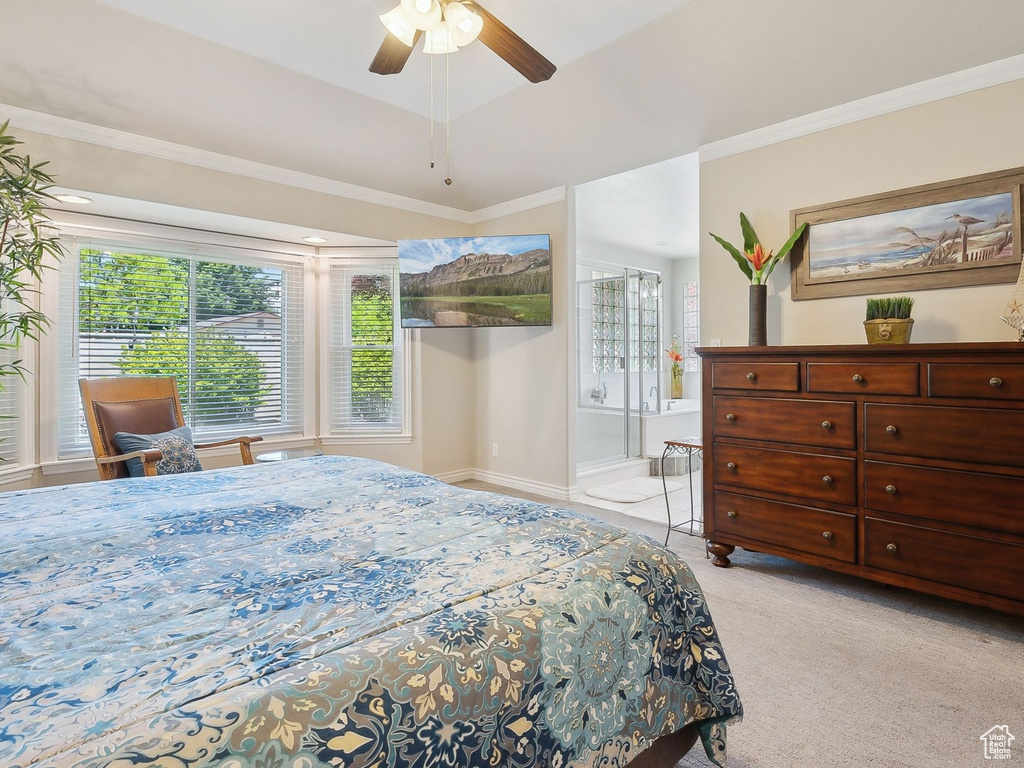 Bedroom featuring light carpet, baseboards, a ceiling fan, and ornamental molding
