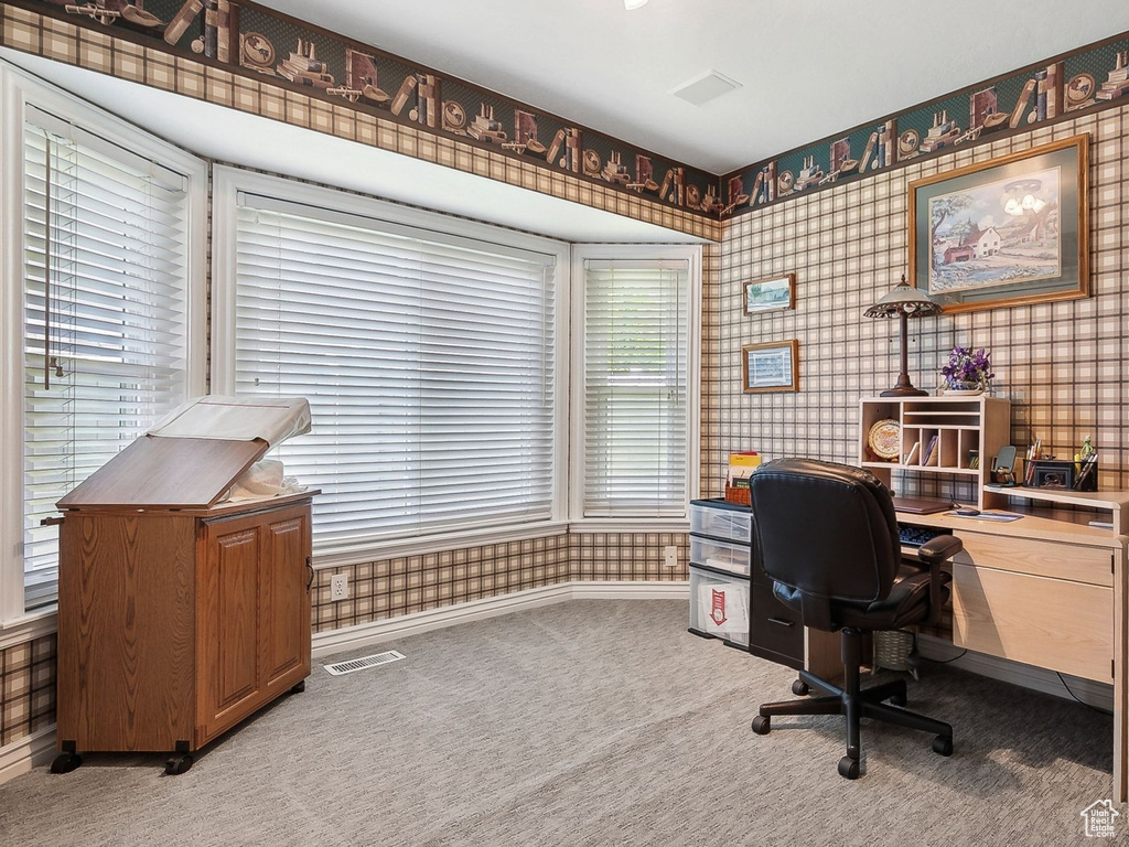 Home office with carpet floors and baseboards