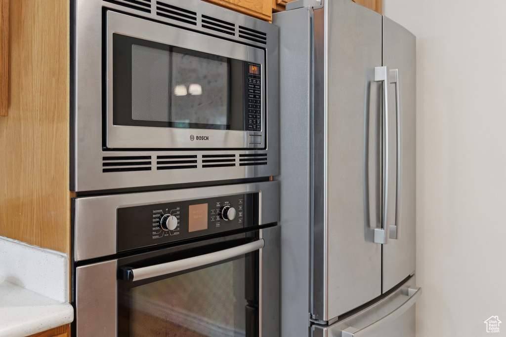 Kitchen view of stainless steel appliances
