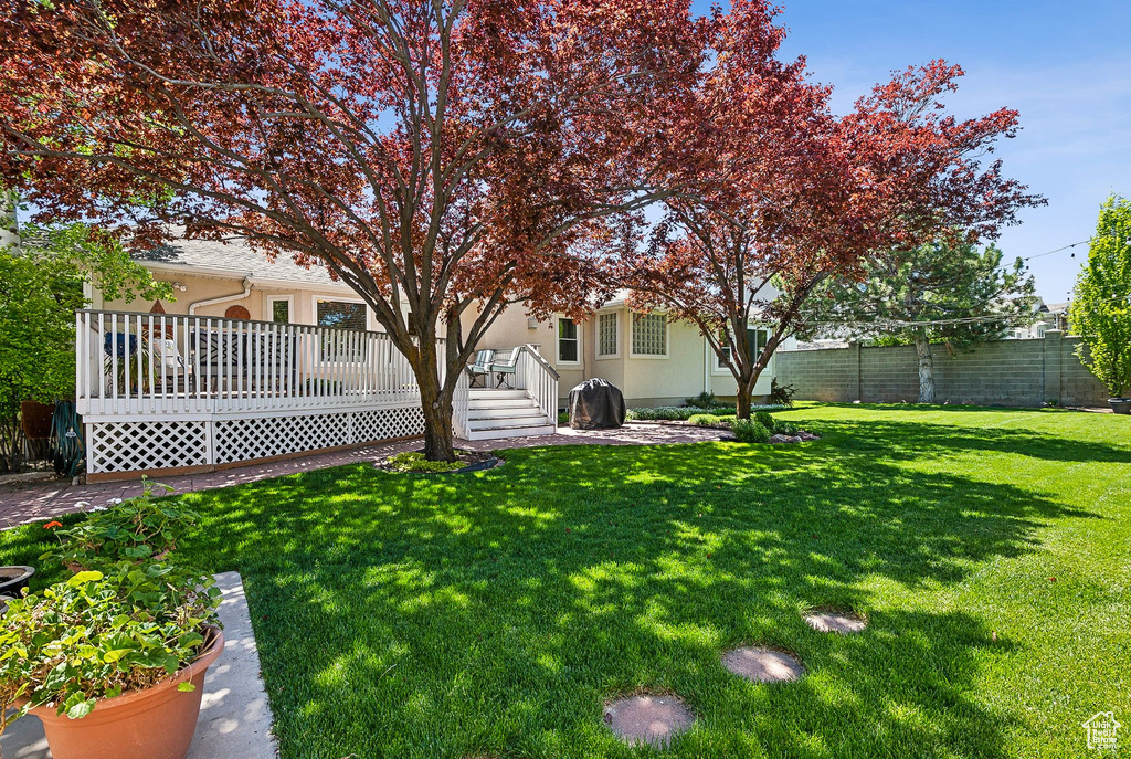 View of yard featuring a wooden deck