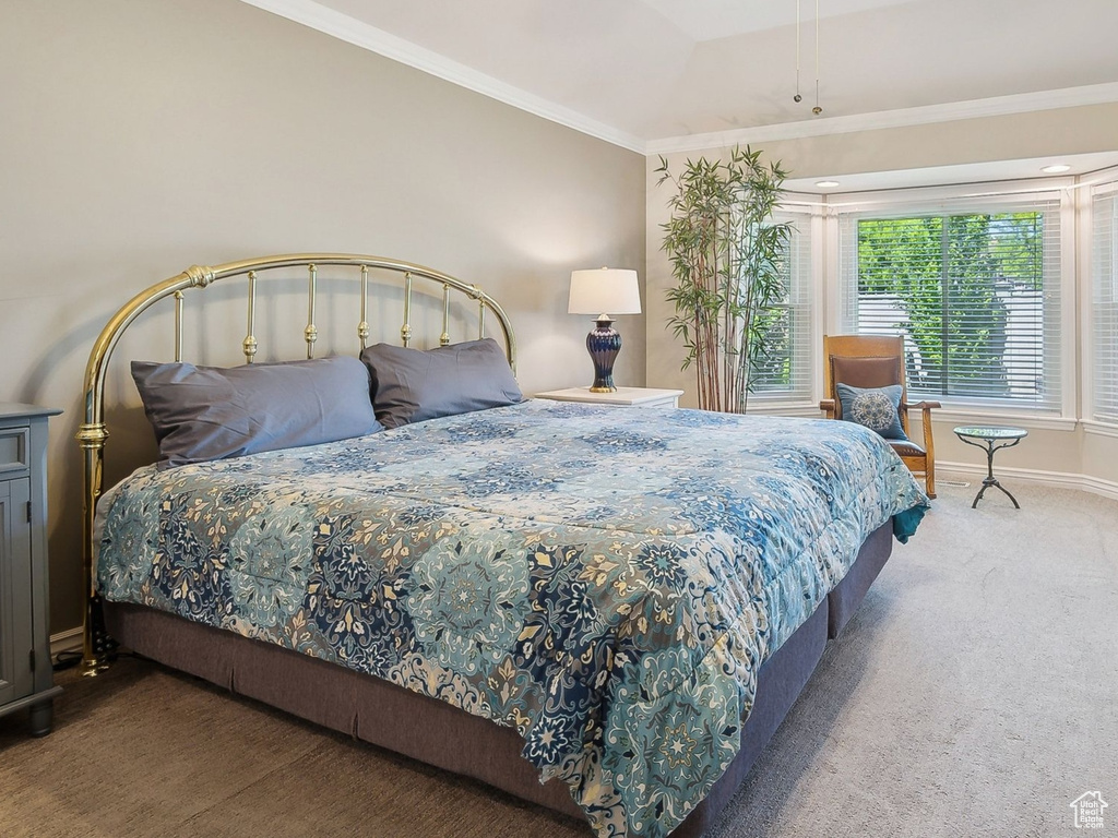 Bedroom featuring a raised ceiling, carpet floors, baseboards, crown molding, and ceiling fan