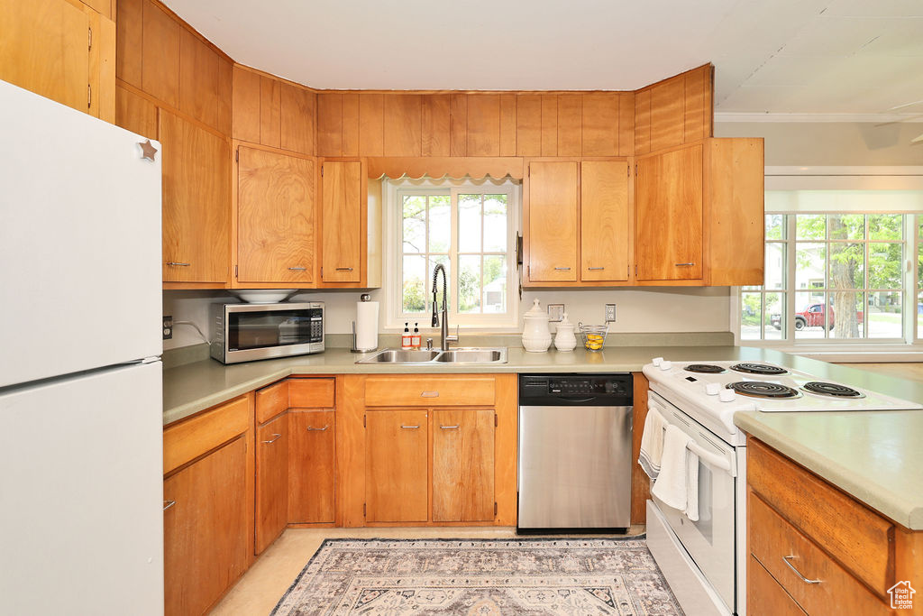 Kitchen featuring appliances with stainless steel finishes, a sink, light countertops, crown molding, and healthy amount of natural light