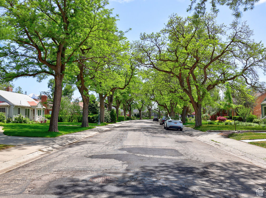 View of asphalt street featuring sidewalks and curbs