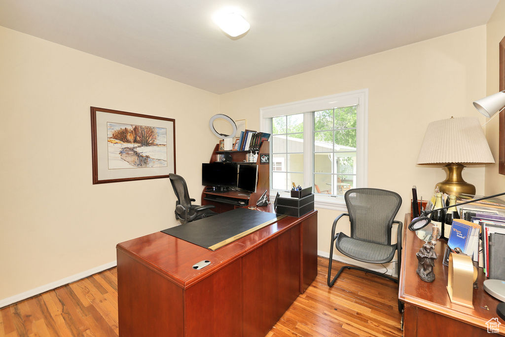 Office with light wood-type flooring and baseboards