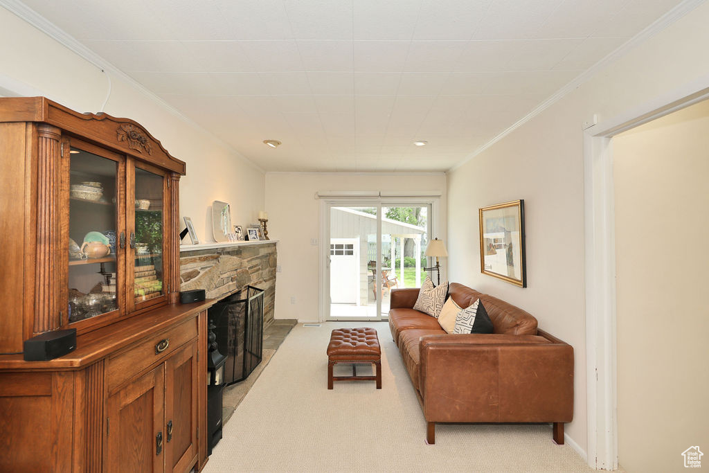 Living area featuring light carpet, ornamental molding, and a fireplace