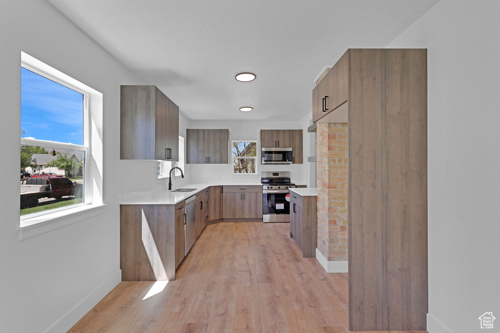 Kitchen with stainless steel appliances, a sink, light wood finished floors, light countertops, and baseboards