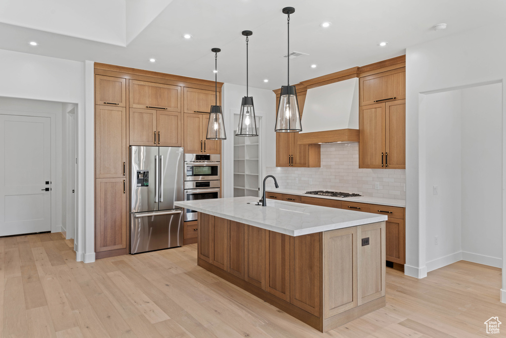 Kitchen with stainless steel appliances, custom exhaust hood, a sink, light wood-style flooring, and backsplash