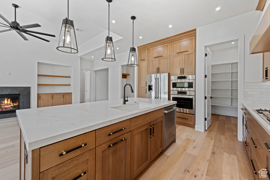 Kitchen with a sink, light wood finished floors, stainless steel appliances, a fireplace, and light stone counters