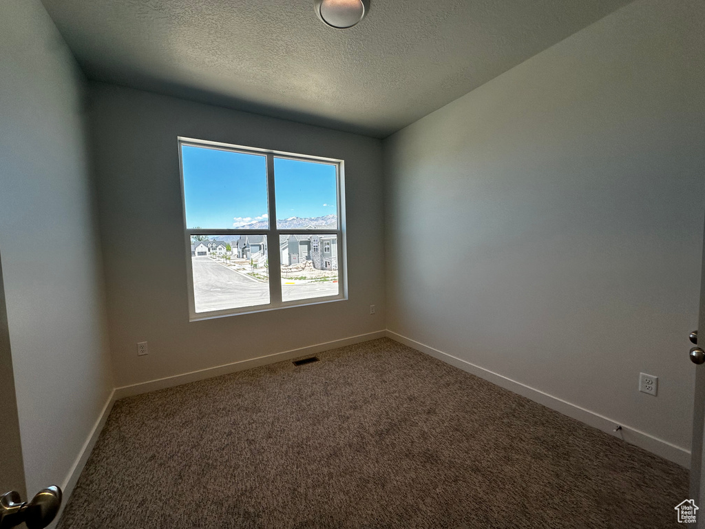 Spare room with carpet floors, a textured ceiling, and baseboards