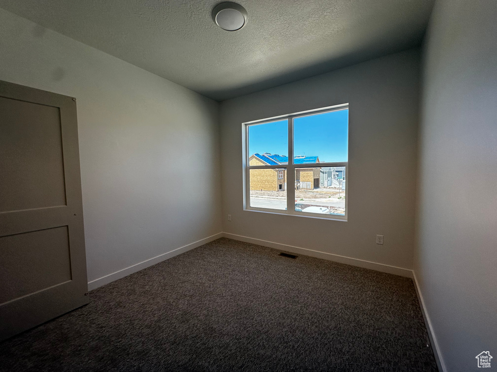 Spare room featuring baseboards, carpet, and a textured ceiling
