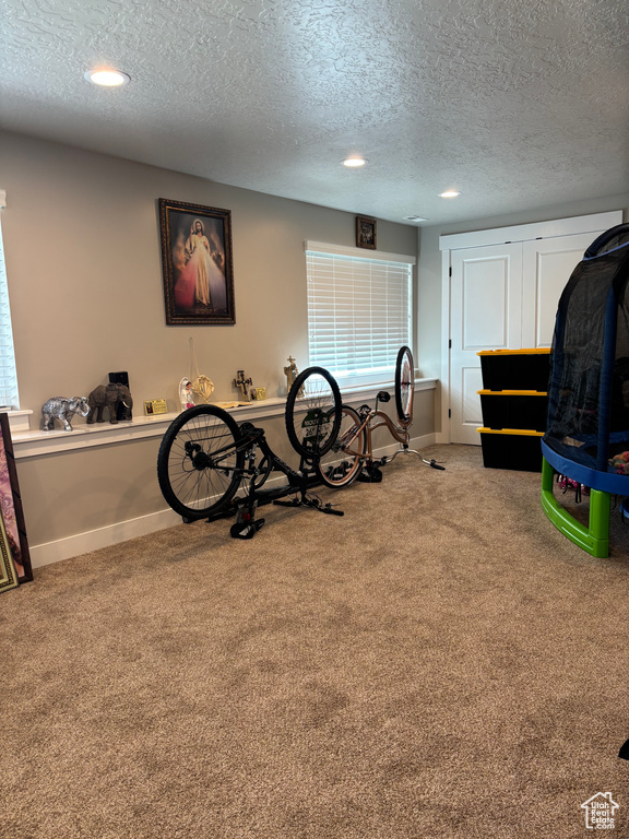 Recreation room featuring carpet floors, a textured ceiling, baseboards, and recessed lighting