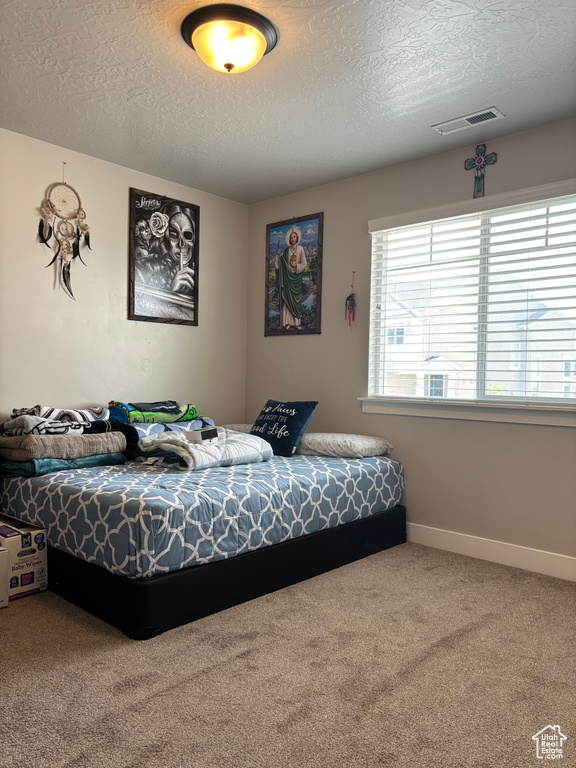 Carpeted bedroom with a textured ceiling and baseboards