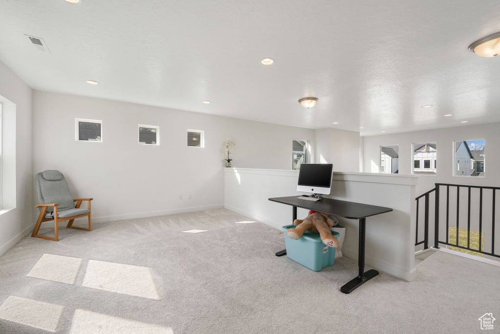 Game room with carpet floors, recessed lighting, and baseboards