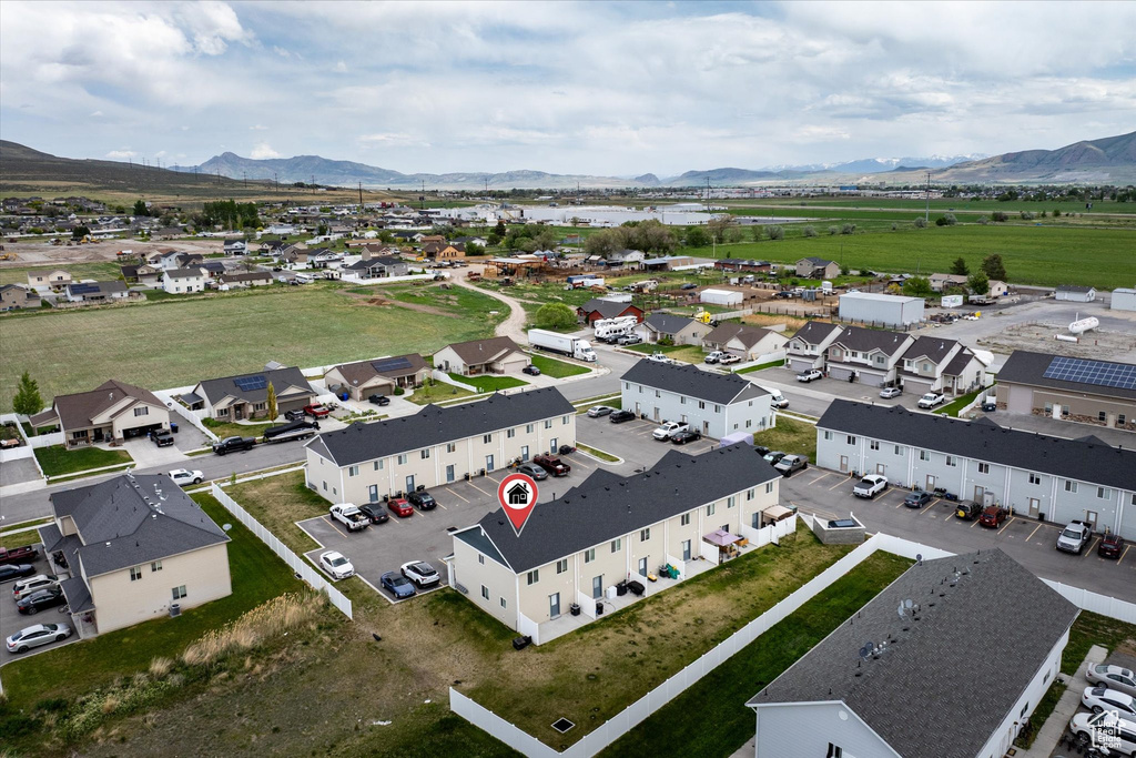 Aerial perspective of suburban area featuring mountains