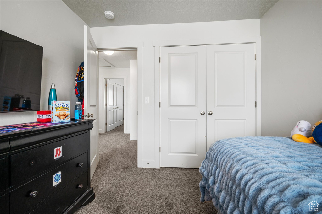 Carpeted bedroom featuring a closet