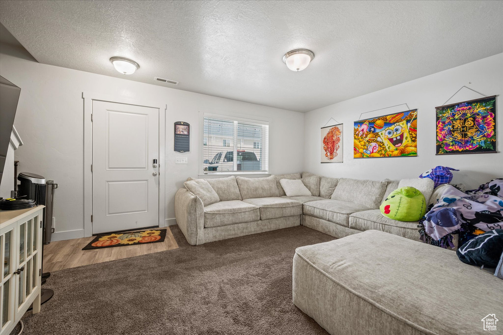 Carpeted living room with a textured ceiling