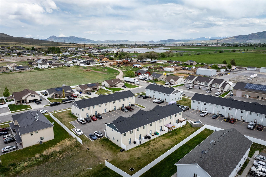 Aerial perspective of suburban area with mountains