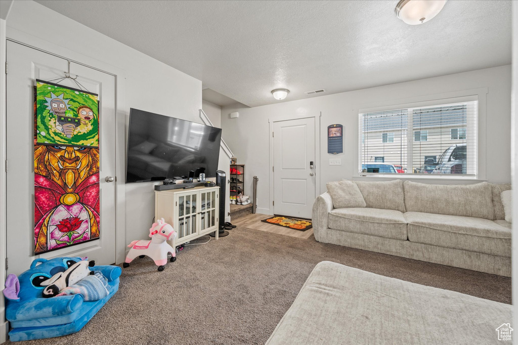 Living area with carpet flooring and a textured ceiling