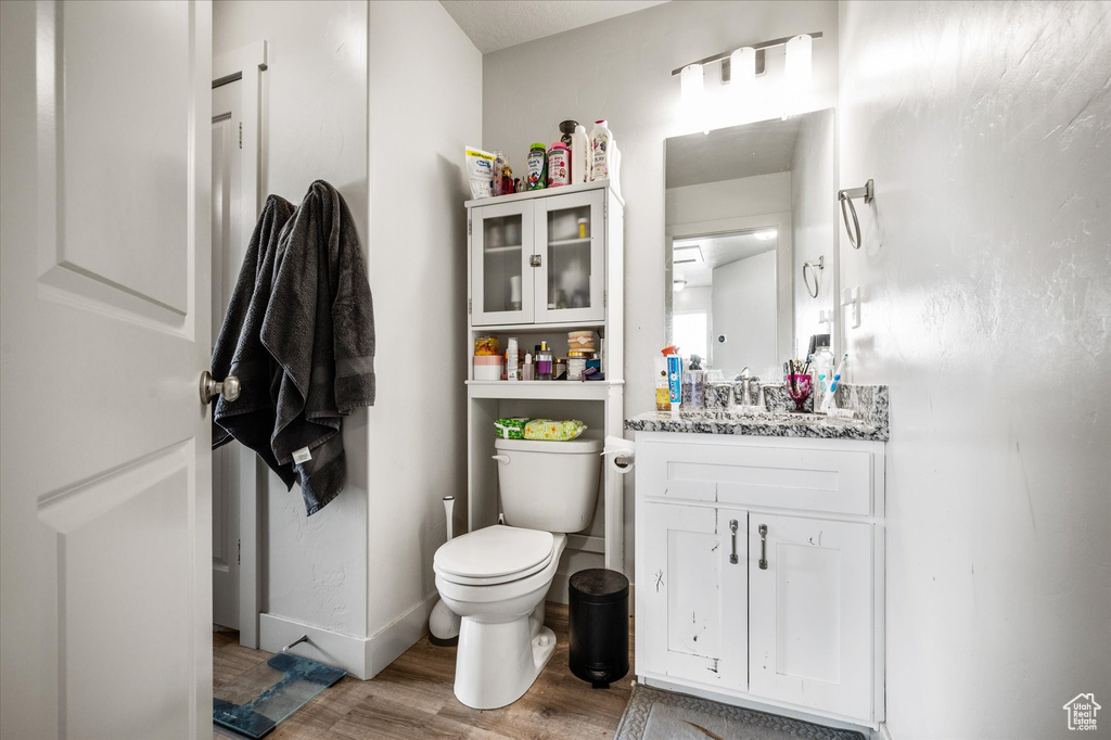 Bathroom featuring wood finished floors, toilet, and vanity