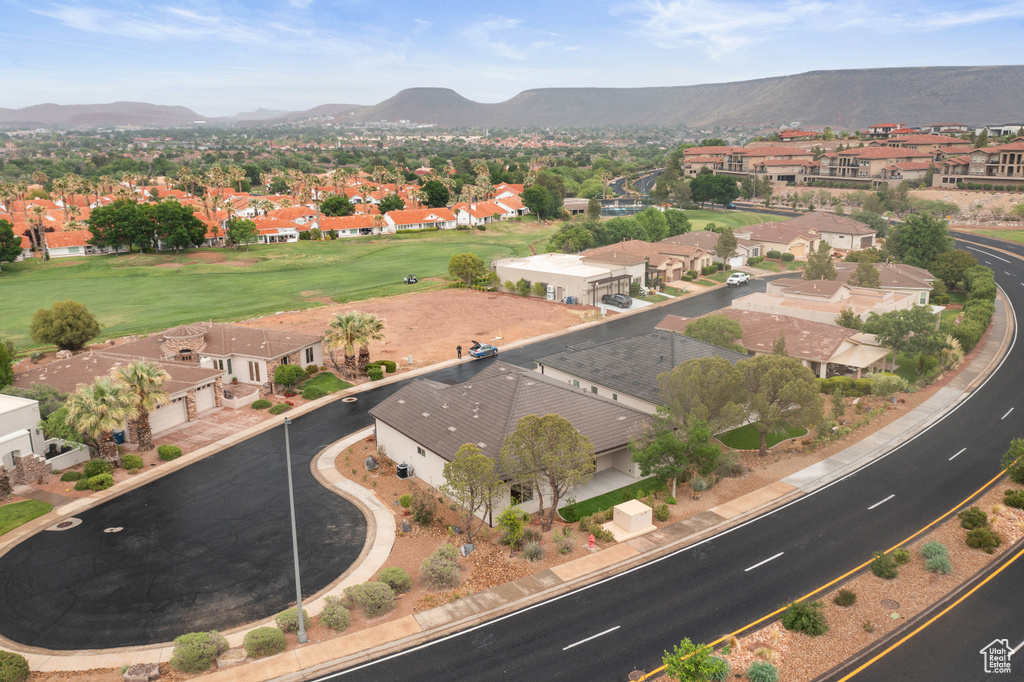 Aerial view of residential area with mountains