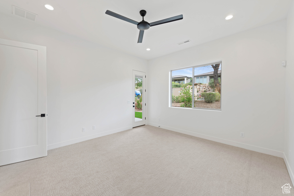 Empty room with ceiling fan, carpet flooring, recessed lighting, and baseboards