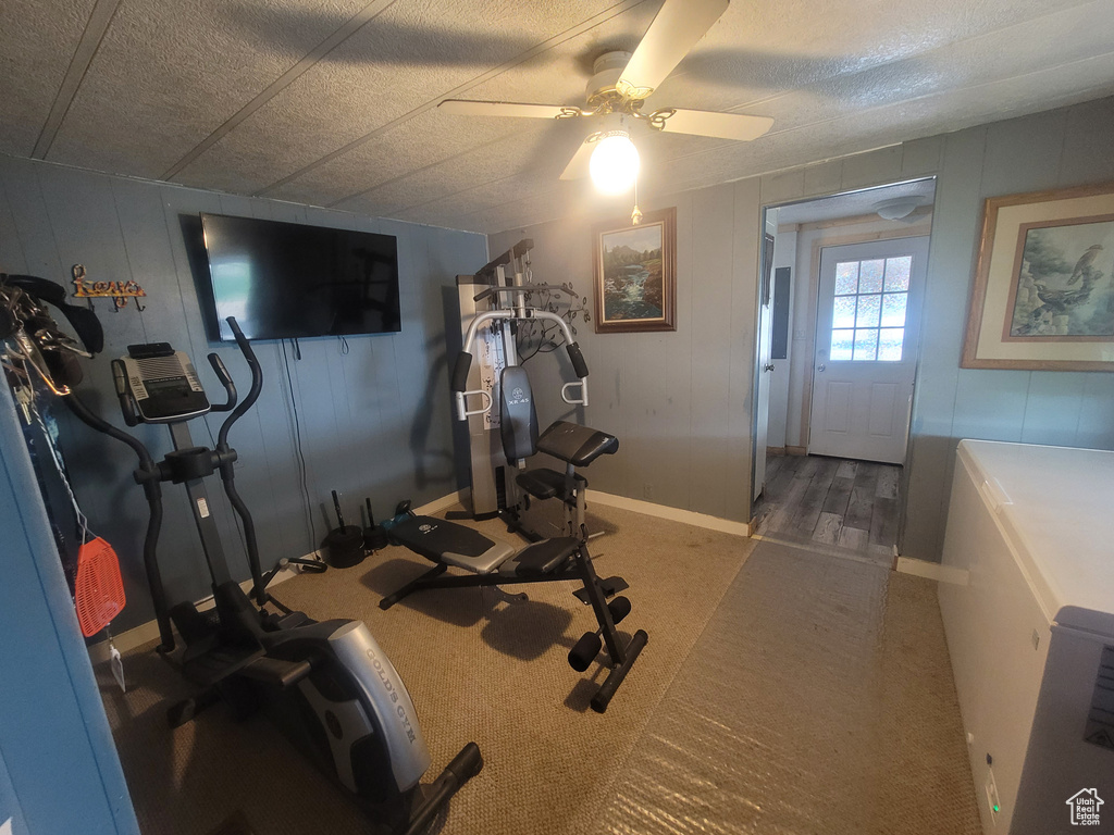 Exercise area with a textured ceiling, carpet floors, a ceiling fan, and baseboards
