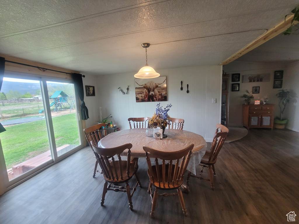 Dining space featuring wood finished floors and a textured ceiling