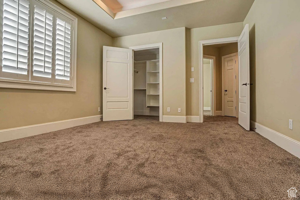Unfurnished bedroom with carpet floors, a closet, baseboards, and a walk in closet