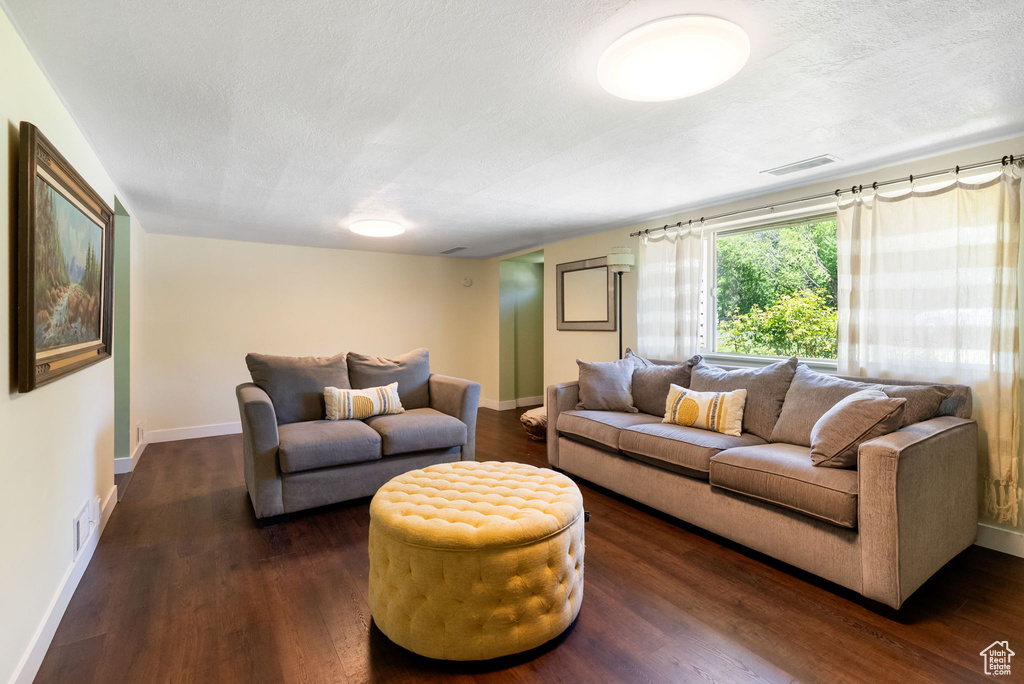 Living room with baseboards, dark wood finished floors, and a textured ceiling