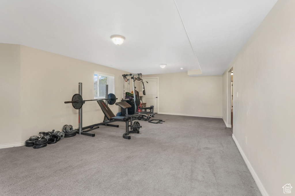 Exercise area with baseboards and carpet floors