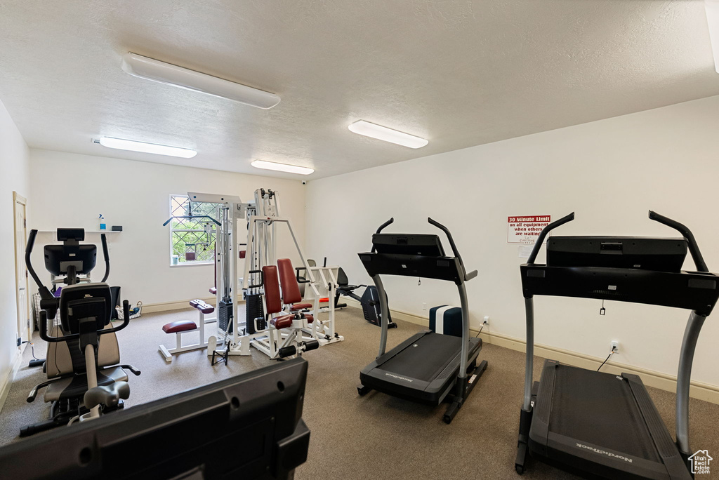 Workout area with carpet flooring and a textured ceiling