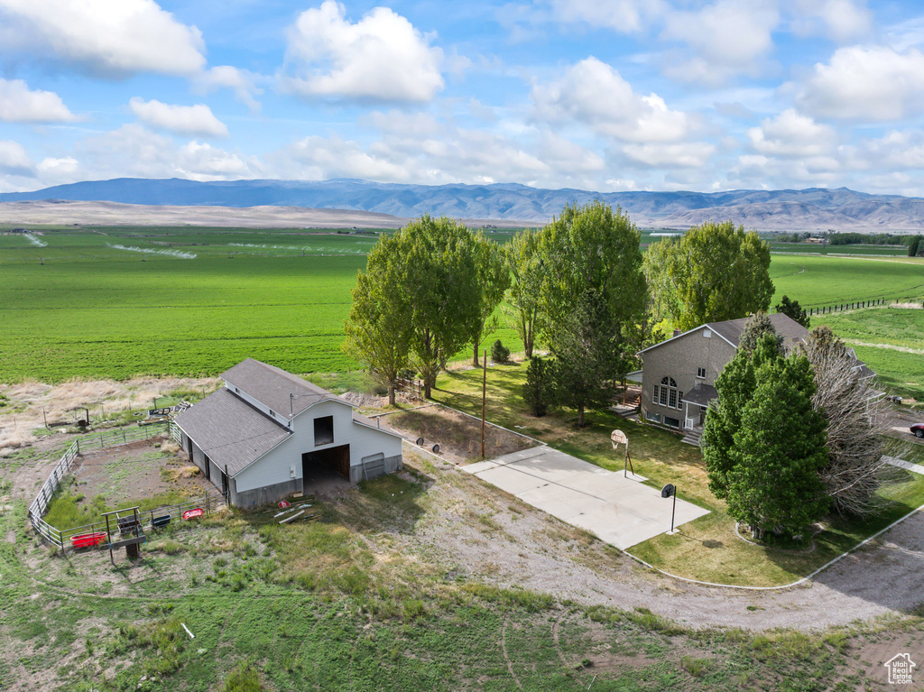 Overview of rural landscape featuring mountains