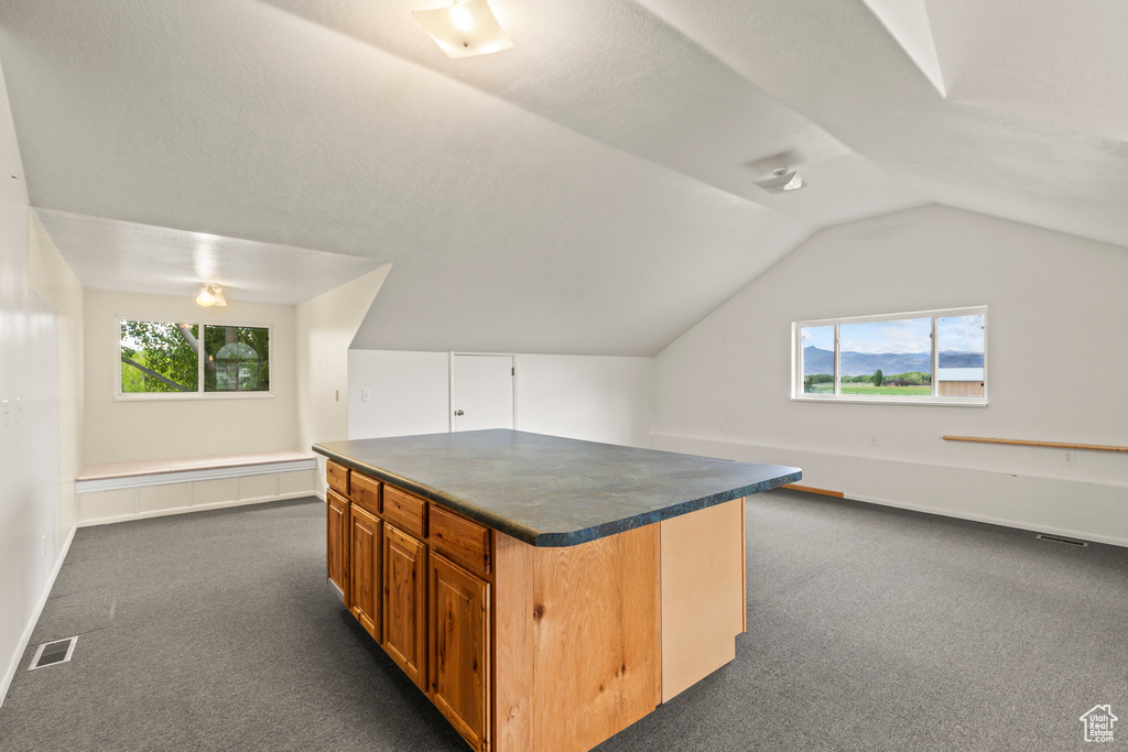 Additional living space with dark carpet, vaulted ceiling, and baseboards