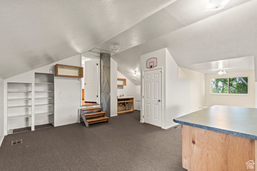 Additional living space featuring lofted ceiling, dark colored carpet, baseboards, and a textured ceiling
