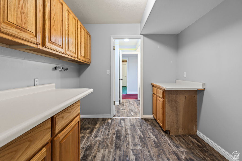 Washroom with cabinet space, dark wood finished floors, and baseboards