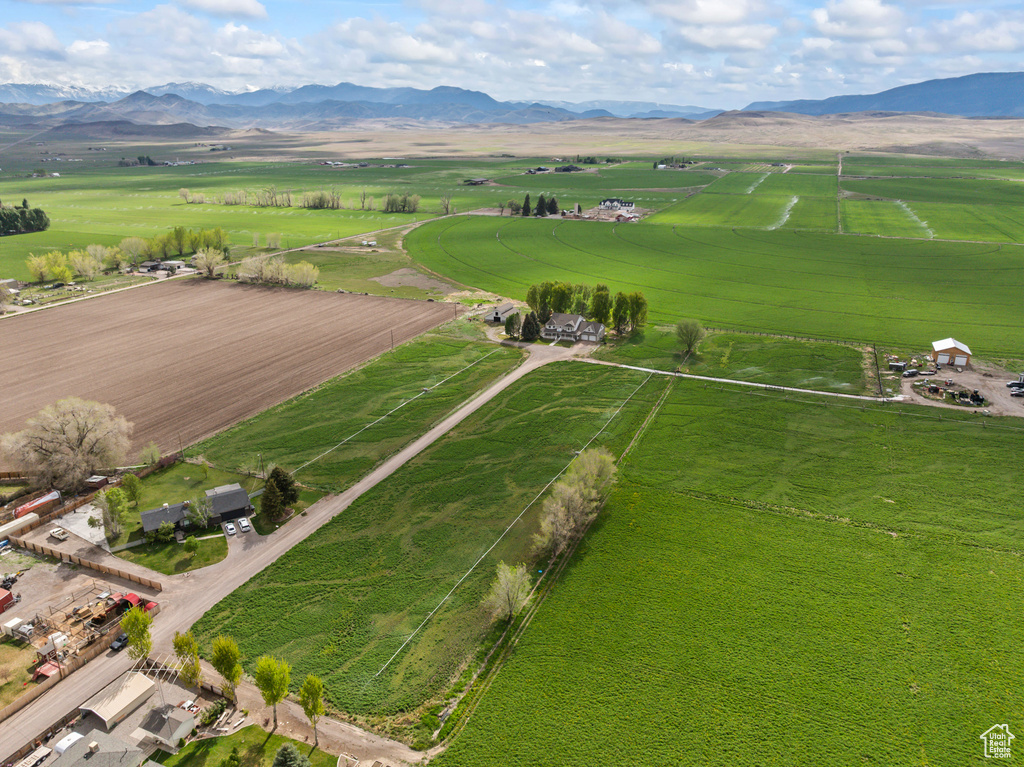 Overview of rural landscape featuring mountains