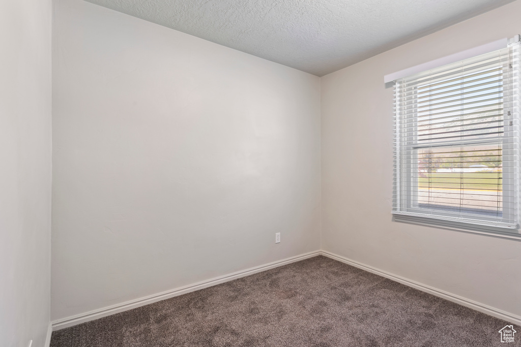 Empty room with carpet floors, baseboards, and a textured ceiling