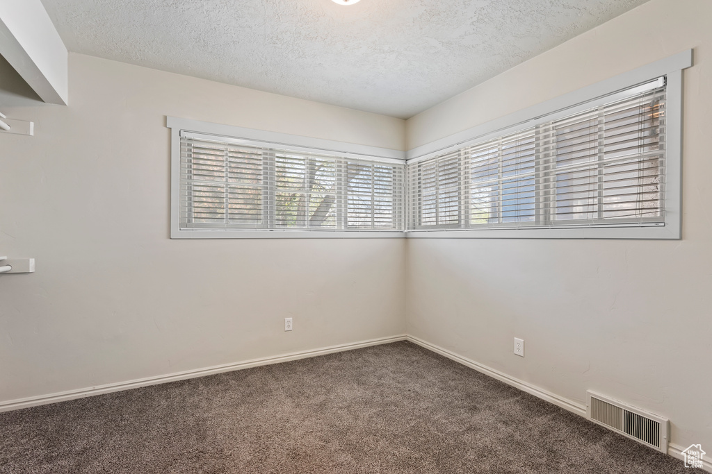 Carpeted empty room featuring a textured ceiling and baseboards