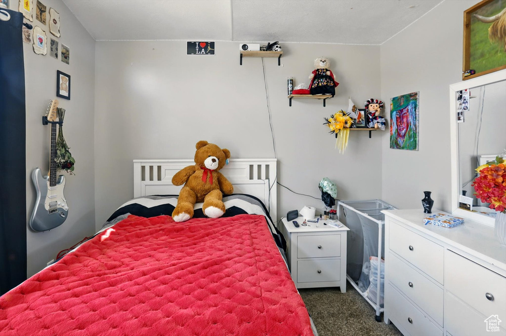 Bedroom with dark carpet