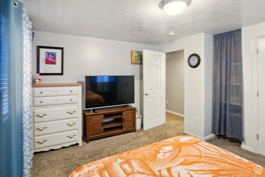 Bedroom featuring carpet flooring, a textured ceiling, and baseboards