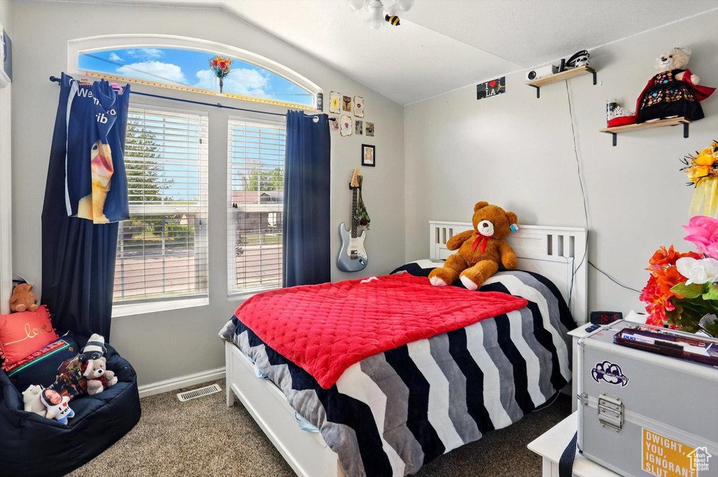 Bedroom featuring lofted ceiling, carpet, and baseboards