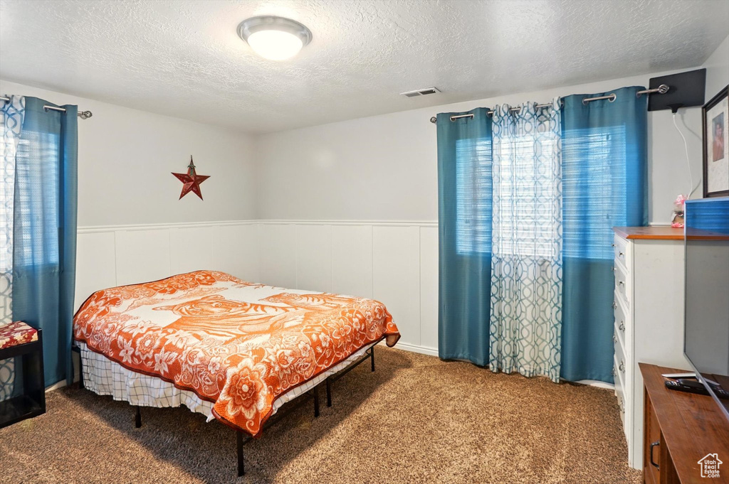 Bedroom featuring a textured ceiling, carpet flooring, and a wainscoted wall