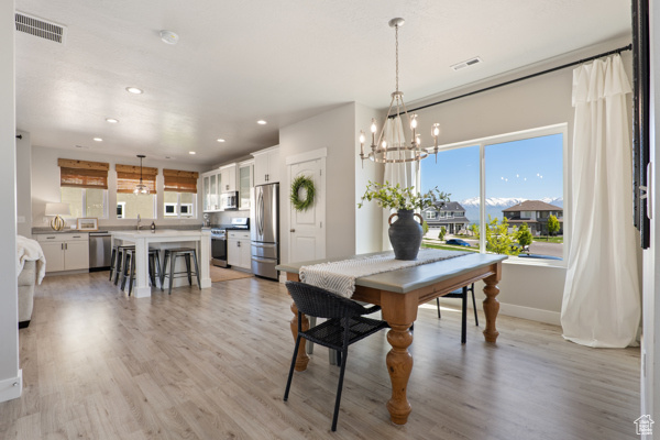 Dining room with plenty of natural light, recessed lighting, light wood-style floors, and baseboards