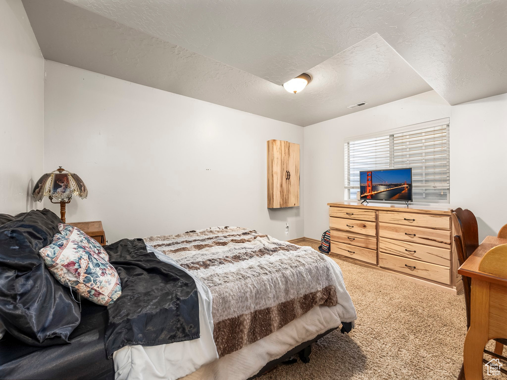 Bedroom with light carpet and a textured ceiling