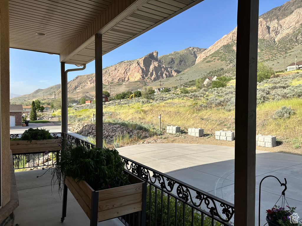 View of patio / terrace featuring a mountain view